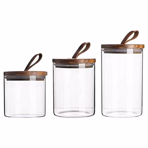 Argon Tableware Scandi Airtight Glass Storage Jar Set with Wood and Silicone Lids, 3 Pieces, Transparent