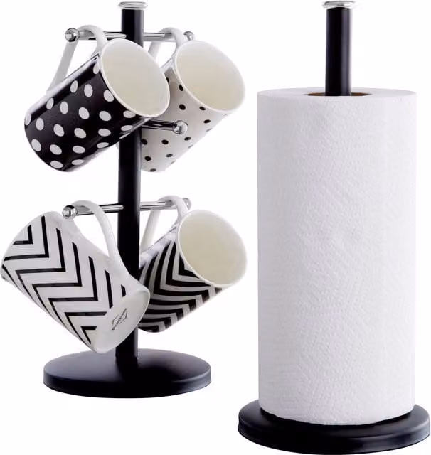 Premier Housewares Freestanding Metal Mug Tree in Black and Silver with Anti-Slip Base