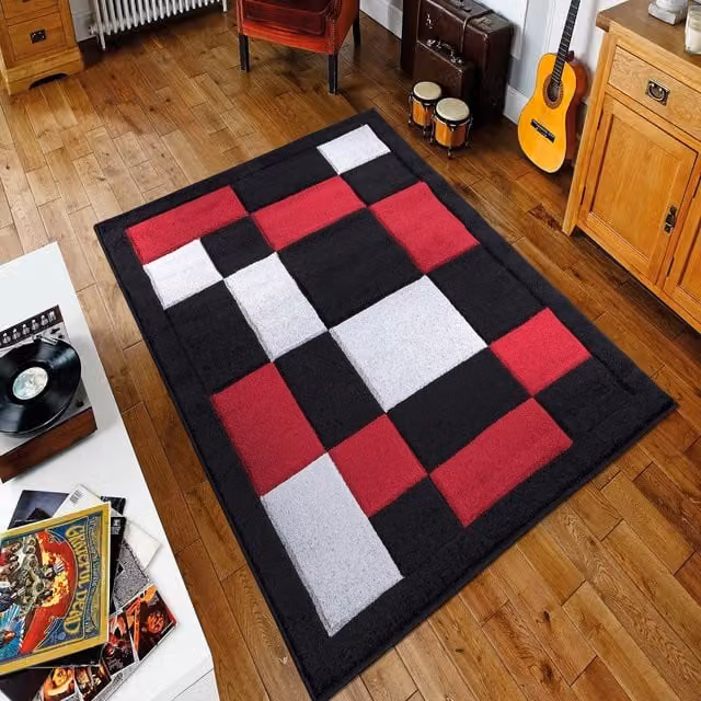 Havana Hand Carved Thick Rectangular Area Rug in Black and Red, 150 cm