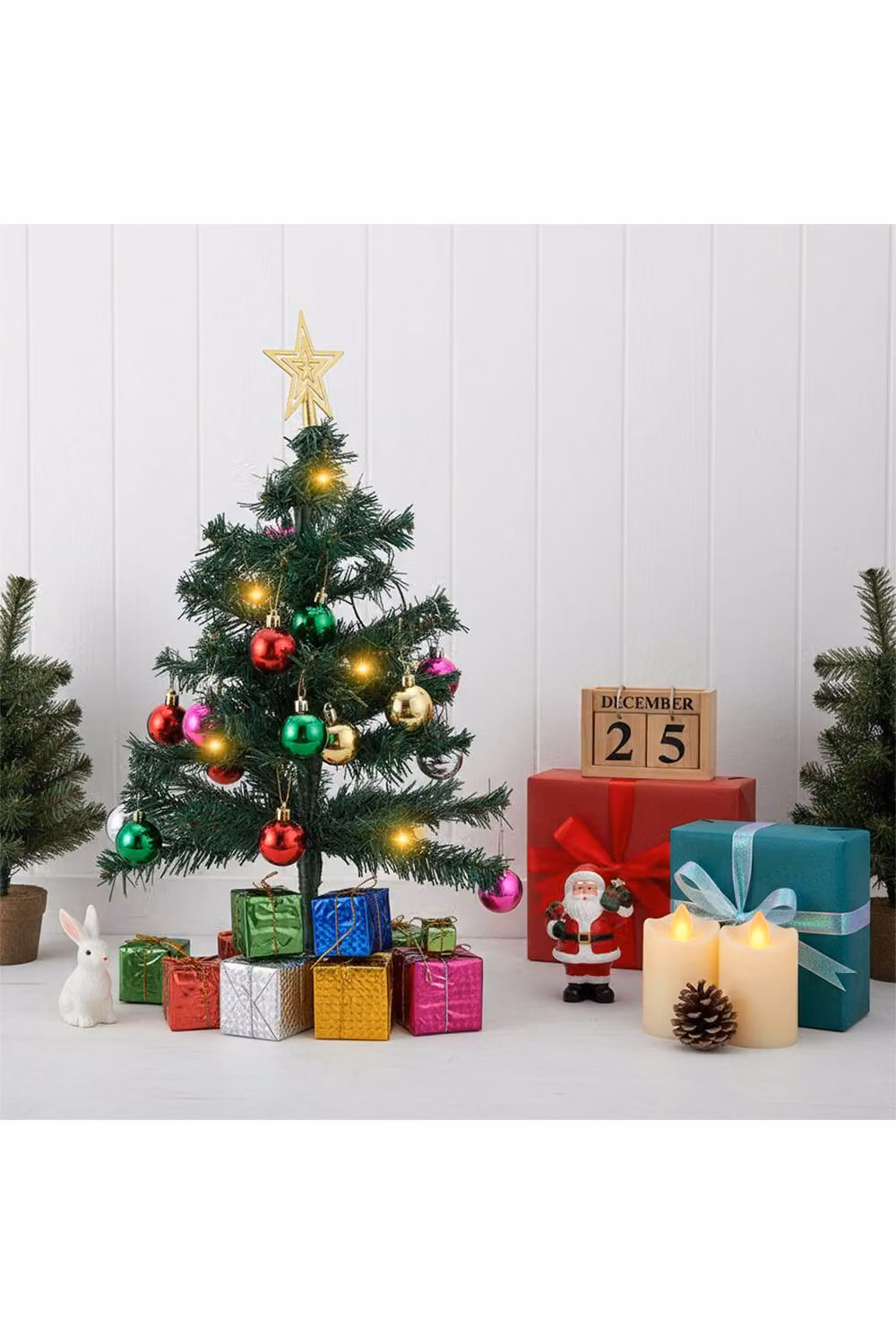 Living and Home 50cm Tabletop Christmas Tree with Lights, Star Top and Multicolour Gold Ball Matching Gift Boxes – 4