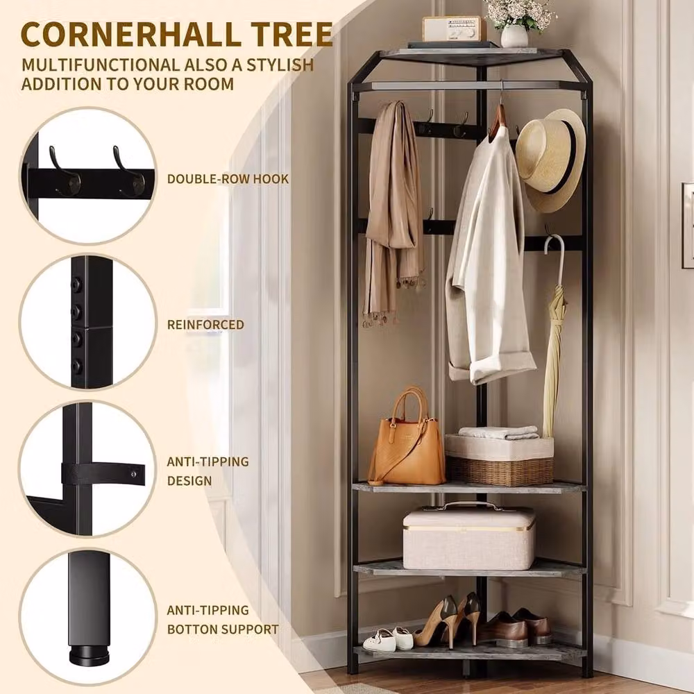 FORGEVIO Industrial Space Saving Corner Hall Tree with Shoe Bench and Coat Rack in Grey – 4