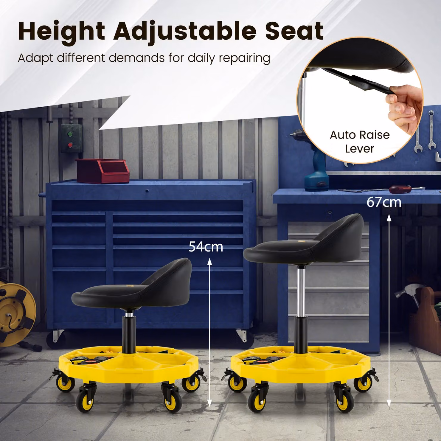 Costway Adjustable Rolling Mechanic Garage Stool in Yellow – 4