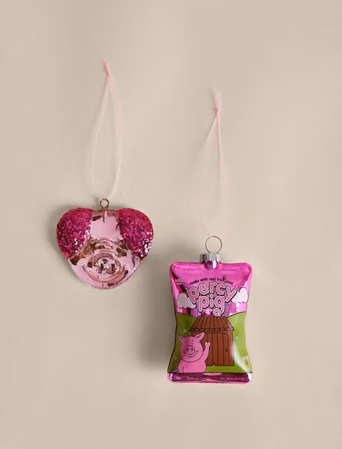 M&S Percy Pig Glitter Glass Christmas Baubles, 2 Pack, Pink Mix