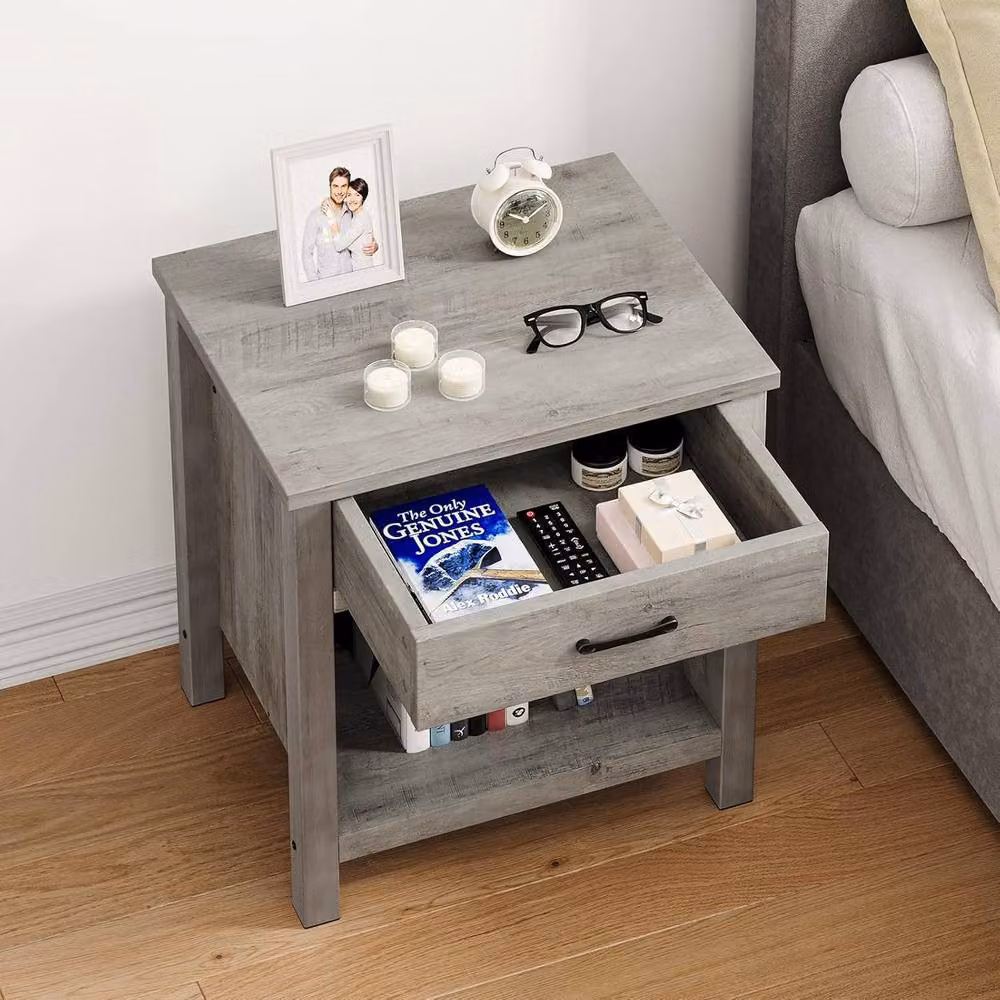 London Boutique Modern Grey Wooden Bedside Table with Drawer and Shelf – 4