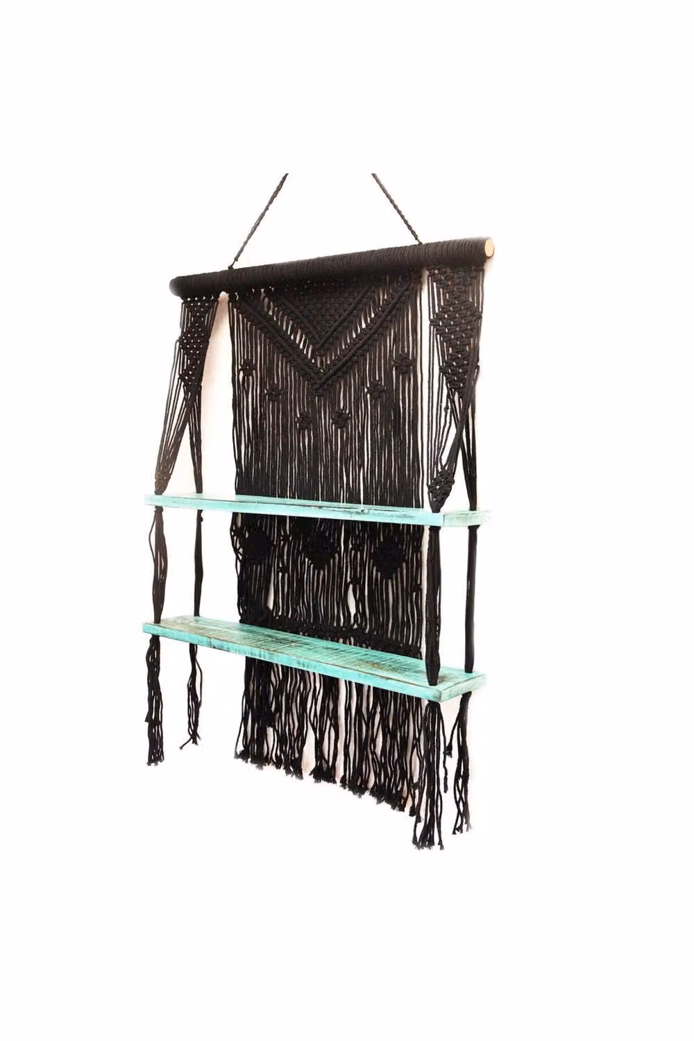 KDMD Black and Turquoise Macrame Hanging Shelves with Wood and Cotton Rustic Wall Mounted Design – 2
