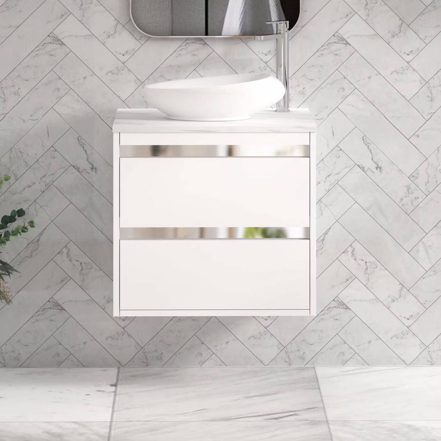 Royal Bathrooms Orion 600mm Matt White Wall Hung 2 Drawer Vanity Unit with Nova Basin and Chrome Accent Trim