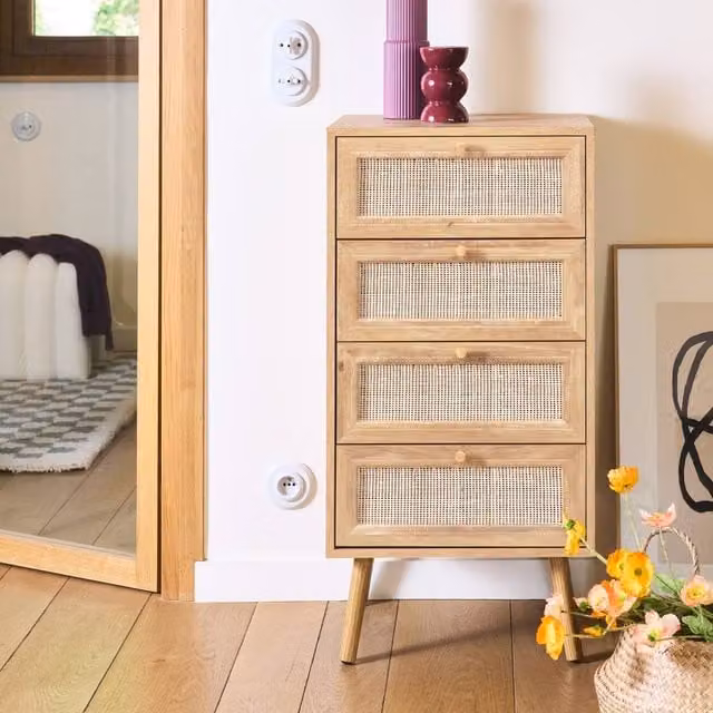 sweeek 4-Drawer Chest with Wood and Cane Effect in Light Brown, W/D/H: 96 x 39.5 x 48 cm