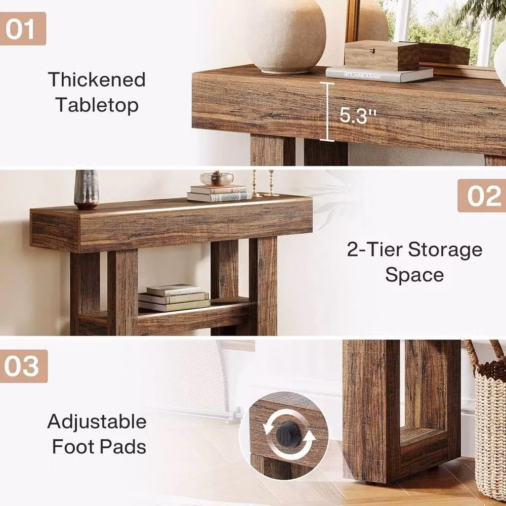 VOGREX 2-Tier Rustic Farmhouse Wooden Console Table, Brown, Width: 105 cm – 3