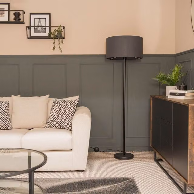 ValueLights Charlie Modern Black Floor Lamp with Grey Fabric Cylinder Shade