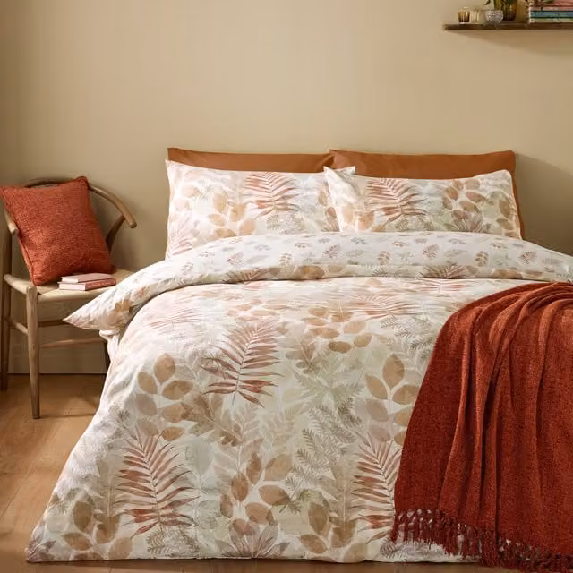 Catherine Lansfield Autumn Leaves Reversible Microfibre Duvet Cover Bedding Set in Beige and Multicolour