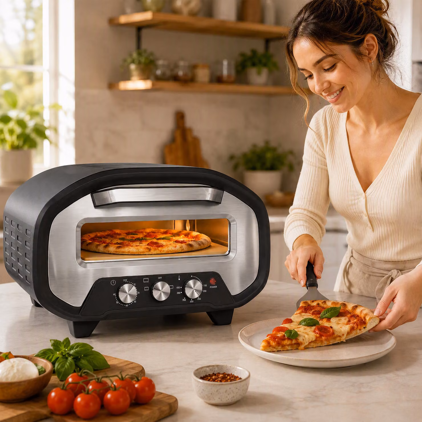 HOMCOM Electric Pizza Oven with 2200W Power, Ceramic Stone, Viewing Window and Analog Timer, Black – 9