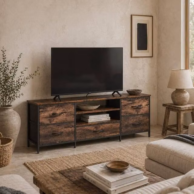Wyld Haus Beladen Industrial TV Stand with Built-in Power and Storage in Brown and Black – 1