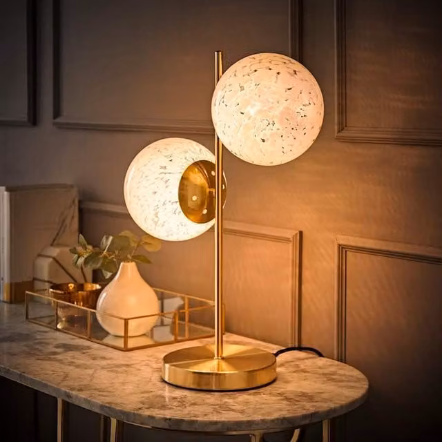 ValueLights Jas 2 Way Table Lamp with Gold/Brass Metal Base and Transparent Confetti Glass Shades