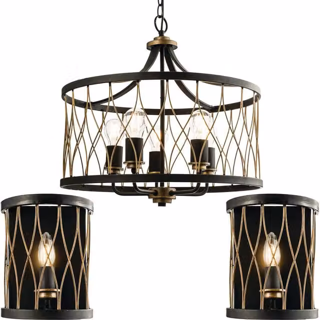Loops Vintage Bulb Ceiling Lamp and 2x Matching Wall Light Set in Bronze and Black Metal Cage