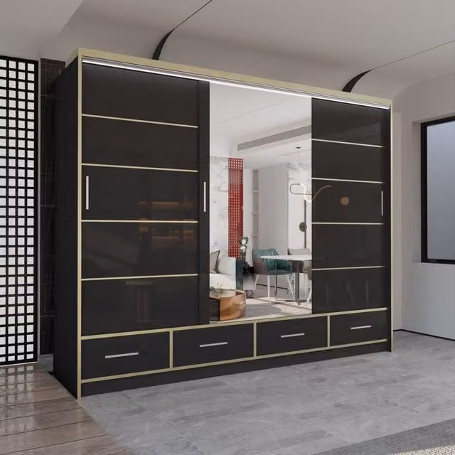 Sliding Wardrobes 4U Modern High Gloss Wardrobe with LED Lighting and Mirror Doors in Black, W/H: 253 x 220 cm – 1