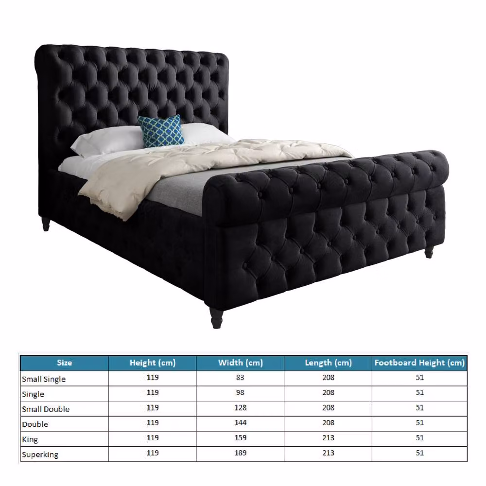 Casani Steeton Sleigh Upholstered Designer Bed Frame in Black Soft Velvet, Size: Small Double (W: 120 cm x H: 128 cm x D: 200 cm) – 6