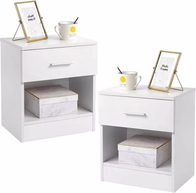 VOGREX Set of 2 Modern White End Tables with Drawer and Shelf