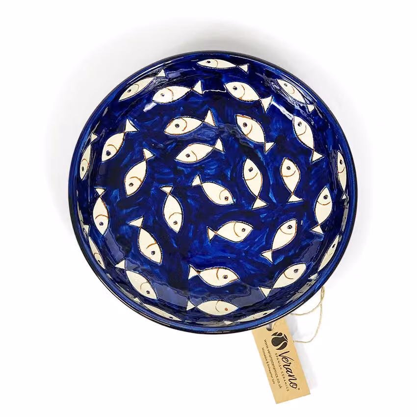 Verano Spanish Ceramics Signature Blue and White Hand Painted Fish Pattern Ceramic Pasta Bowl, Diameter: 23 cm – 2