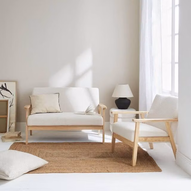 sweeek Scandinavian Armchair and Love Seat in White Boucle Fabric with Rubberwood Frame
