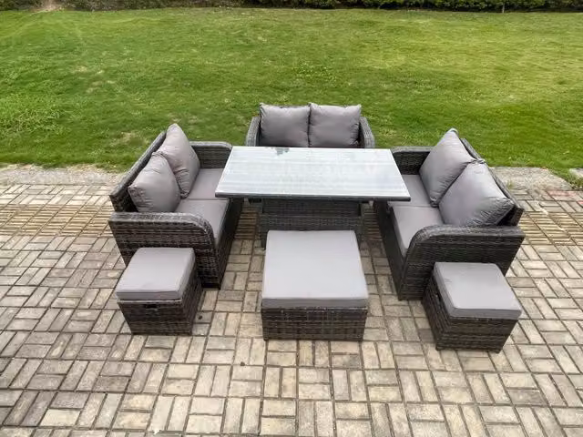 Fimous 3 Piece Rattan Garden Furniture Set with Adjustable Lifting Dining Table and 3 Footstools in Dark Grey