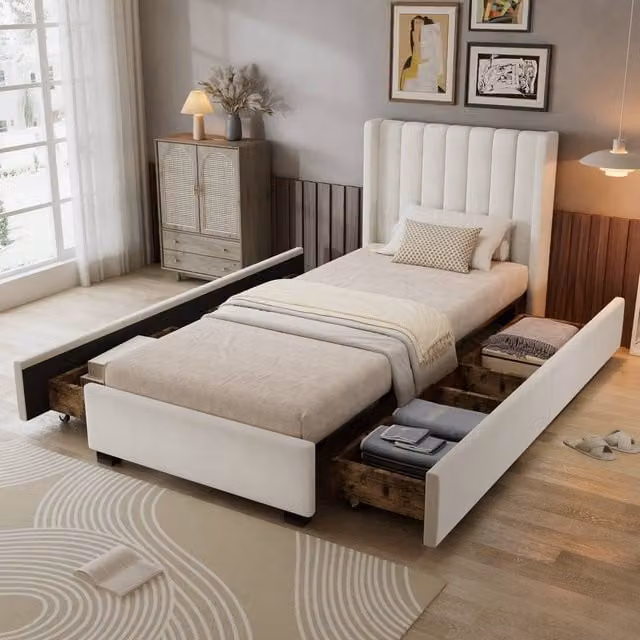 BTM Modern Upholstered Velvet Storage Bed Frame with 4 Drawers in Beige, W/D/H: 140 x 200 x 118.5 cm – 1