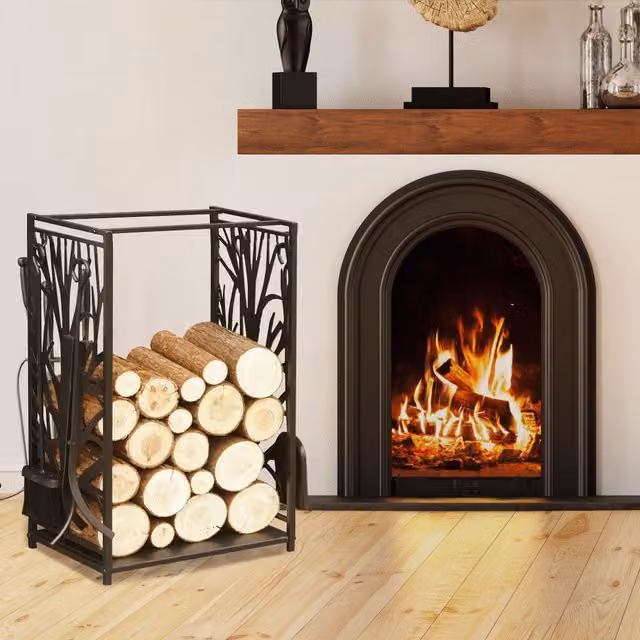 HOMCOM Heavy Duty Steel Firewood Log Rack and Wood Storage Holder with 4 Tools in Black – 1