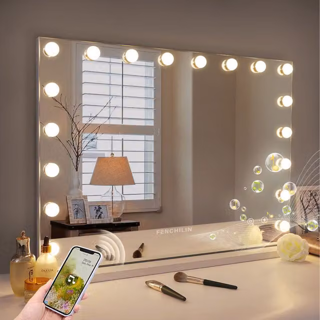 FENCHILIN Bluetooth Hollywood Vanity Make Up Mirror with 18 LED Lights, White