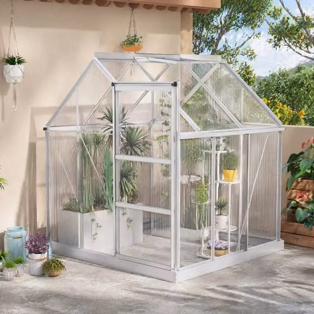 STILVORA Walk-In Greenhouse with Sliding Door and Polycarbonate Windows in Silver, W/D/H: 190 x 193 x 205 cm