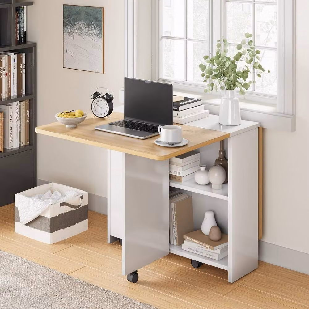 London Boutique White Folding Kitchen Dining Table with Drop Leaf and Shelves – 3
