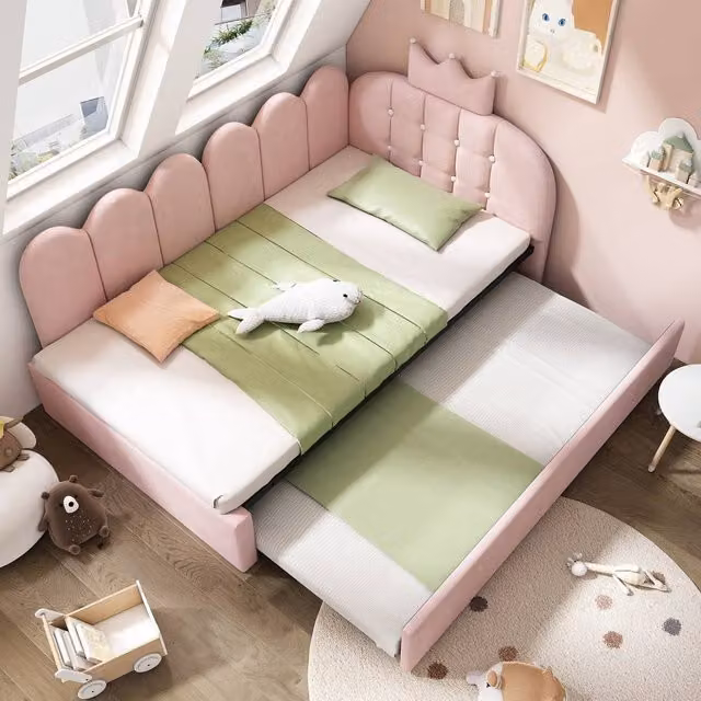 STILVORA Pink Velvet Single Daybed with Pull-Out Bed, W/D/H: 90 x 190 cm