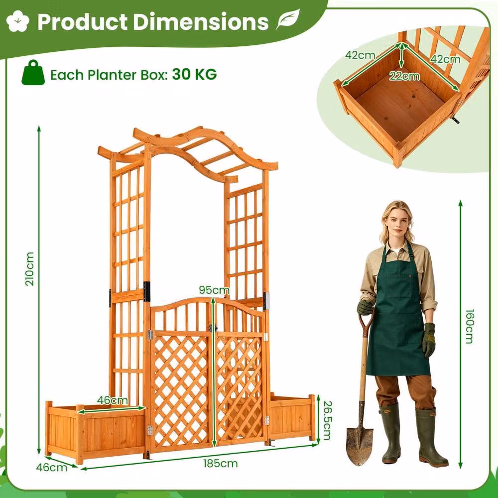 Costway Wooden Garden Arbor with Gate, 2 Planter Boxes and Drainage Holes, Brown, H 210 x W 185 x D 46 cm – 2