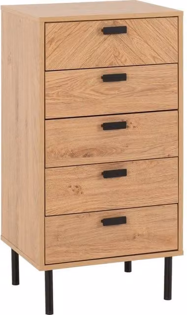 FORGEVIO Medium Oak Herringbone 5 Drawer Tall Freestanding Chest in Beige