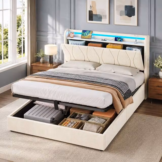 STILVORA Double Upholstered Bed Frame with Storage, LED Under-Bed Lighting and USB Charging Ports, Beige, W: 140 cm, D: 200 cm, H: 137 cm