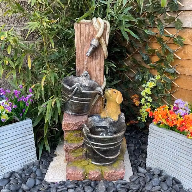 Tranquility Puppy with Hose Animal Solar Water Fountain in Grey