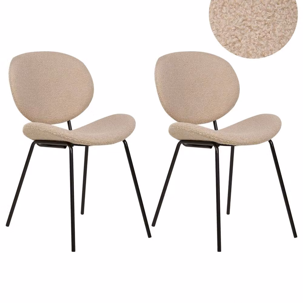 Wyld and Coco Set of 2 Armless Bouclé Dining Chairs in Beige with Black Metal Legs – 2
