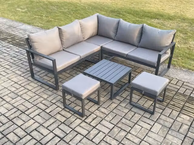 Fimous Modern L-Shape Outdoor Garden Furniture Set in Dark Grey with Powder Coated Aluminium Frame, Square Coffee Table and 2 Ottomans