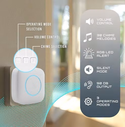 Uni-Com Wireless Plug-in Door Chime with 30 Melodies, 150m Range and LED Colour Change Alert in Blue and White – 3