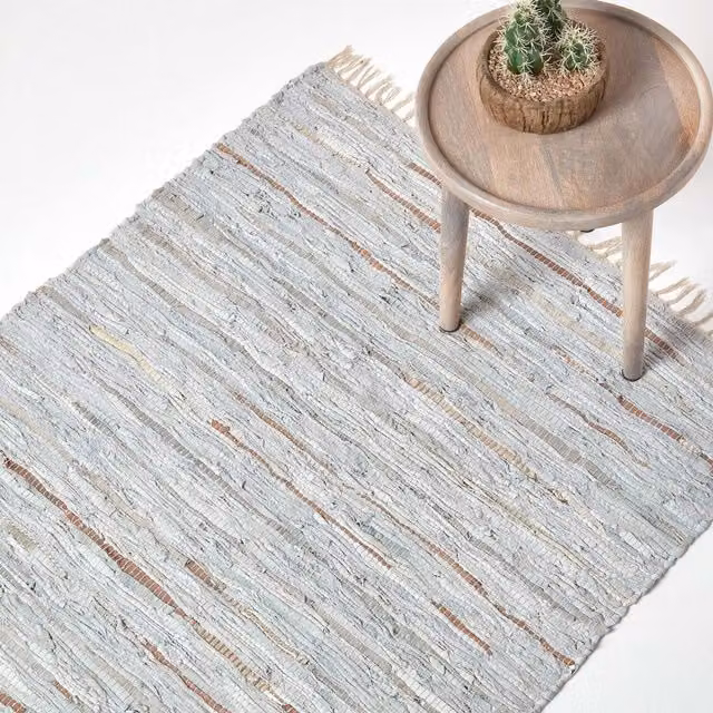 Homescapes Leather Glitter Patchwork Woven Rug in Silver and Gold, 200 cm