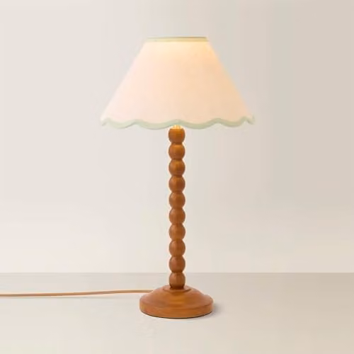 ValueLights Bobbin Walnut Table Lamp with Green Trim Linen Shade