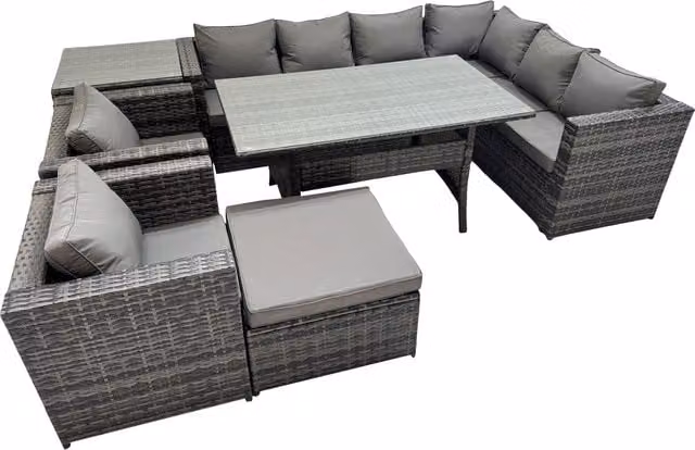 Fimous 9 Seater Patio Dining Corner Sofa Set with 2 Chairs and Large Stool in Dark Grey