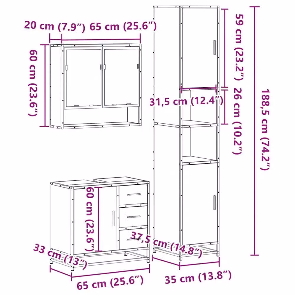 Berkfield Home 3 Piece Industrial Bathroom Furniture Set in Smoked Oak Brown – 3