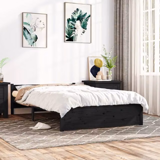 Berkfield Home Black Solid Pine Wood Double Bed Frame W: 135 cm, D: 190 cm – 1