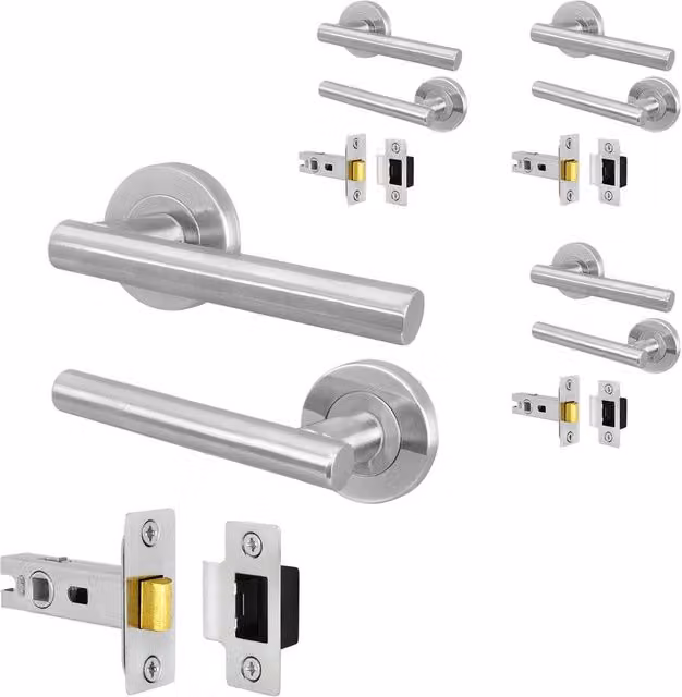 AFIT Olvera Range Satin Silver Round Rose Door Handles with Latch T-Bar, 4 Pairs, W/D/H: 15 x 15 cm – 1