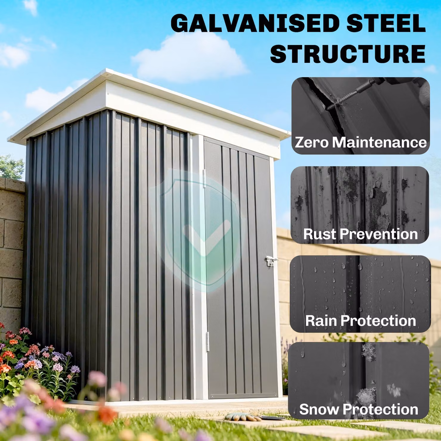 Outsunny Steel Lean-to Garden Storage Shed with Lock and Shelving, Dark Grey, H: 181.0 cm x W: 95.0 cm x D: 38.5 cm – 8