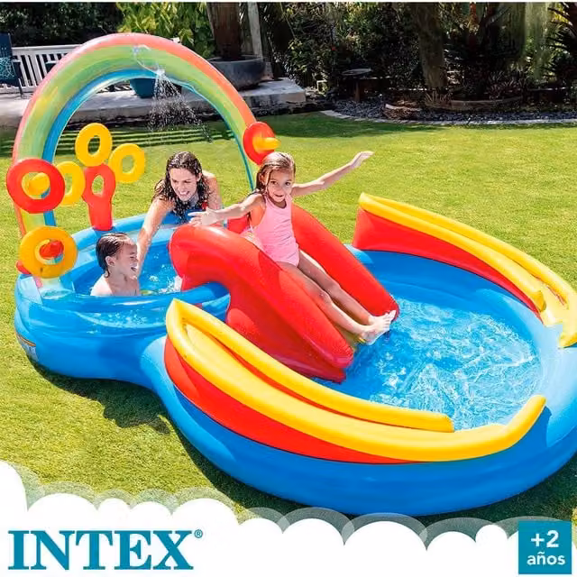 Intex Inflatable Rainbow Pool Play Centre for Children with Slide and Spray, Red and Multicolour