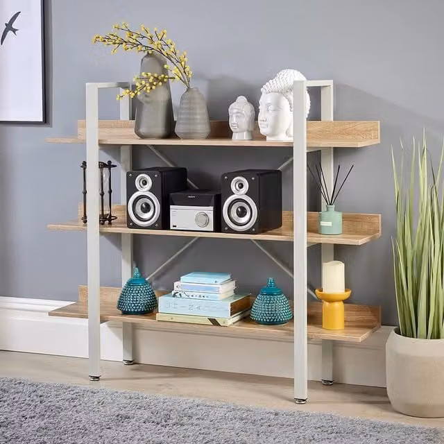 Home Source Urban 3 Tier Wide Low Ladder Bookcase Shelving Unit in Light Oak