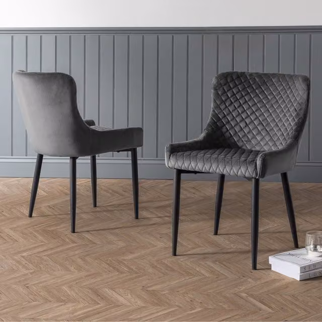 Julian Bowen Set of 2 Modern Grey Velvet Upholstered Dining Chairs with Black Metal Frames – 1