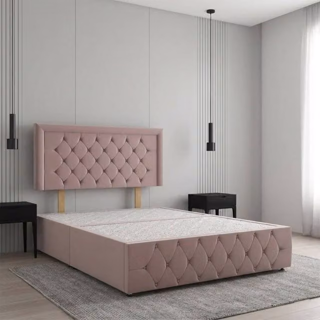 REGIONAL FURNISHINGS Single Plush Velvet Divan Bed with 24 inch Headboard and Footboard in Pink, W/D/H: 90 x 200 cm