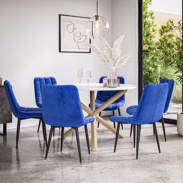 More4Homes Malvern Round Dining Table and 6 Nova Blue Velvet Chairs Set with Marble Top and Solid Oak Legs, Diameter: 120 cm, Height: 75 cm