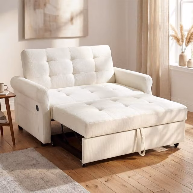 Aosom UK Convertible Sofa Bed with Adjustable Backrest, USB and Type-C Ports, Storage Pocket and Pull-out Drawer, W/D/H: 173 x 135 x 58 cm, Off White – 1